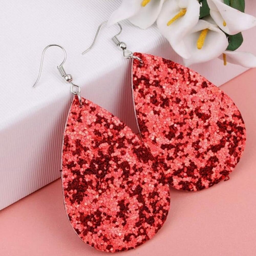 Valentines Sparkling Sequins Faux Leather Earrings